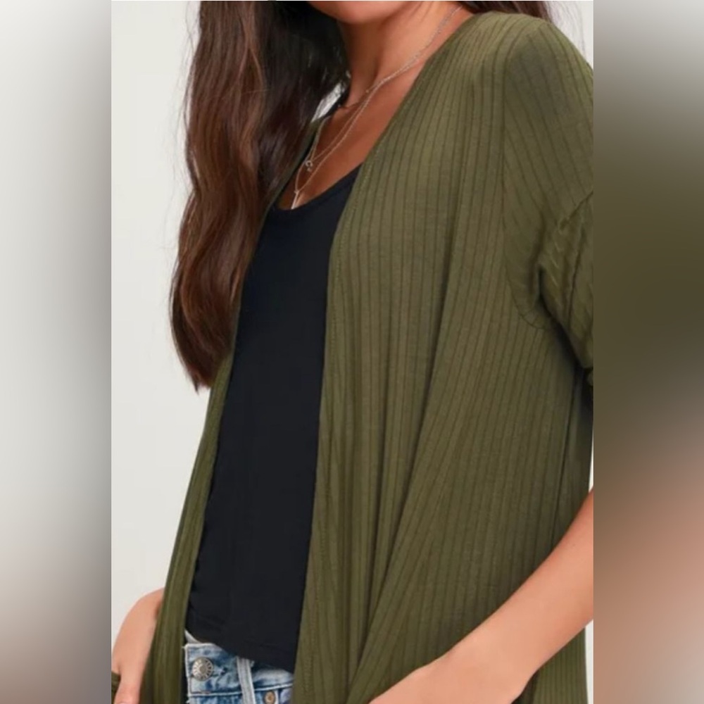 NWOT Lulus | Brody Olive Green Ribbed Maxi Long Duster Cardigan - Picture 3 of 8
